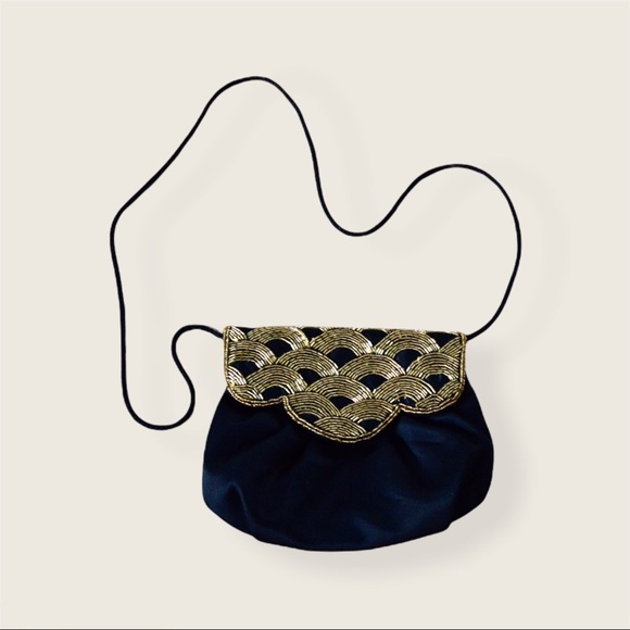 Handbags - Beaded Black and Gold Crossbody Purse